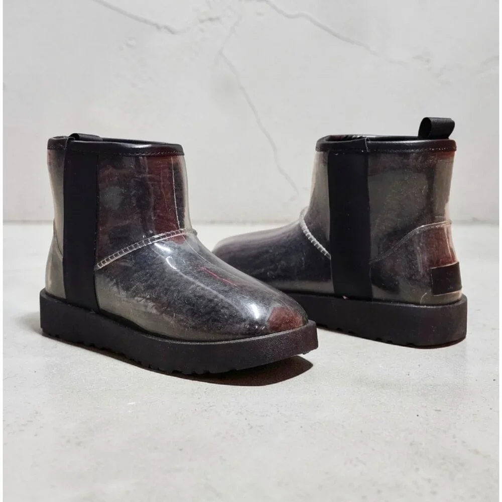 Transparent Waterproof Ankle Boots With Non-Slip Soles Sleek Black Finish Durabl